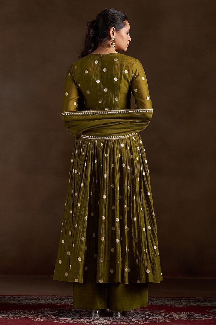 Mehendi Green Pure Chanderi Sequins Embroidered Party Wear Anarkali Set by Almaari by Pooja Patel at Pernia's Pop Up Shop