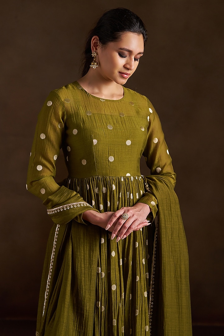 Mehendi Green Pure Chanderi Sequins Embroidered Party Wear Anarkali Set by Almaari by Pooja Patel at Pernia's Pop Up Shop