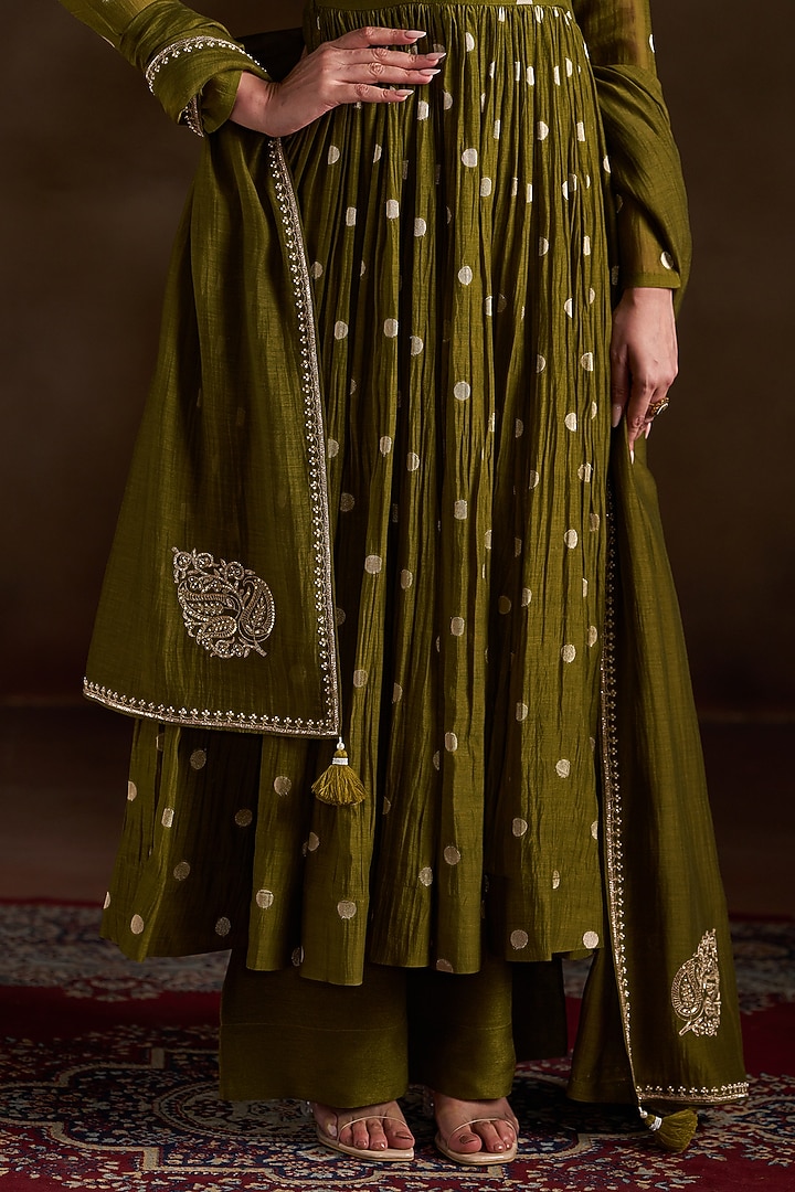 Mehendi Green Pure Chanderi Sequins Embroidered Party Wear Anarkali Set by Almaari by Pooja Patel at Pernia's Pop Up Shop