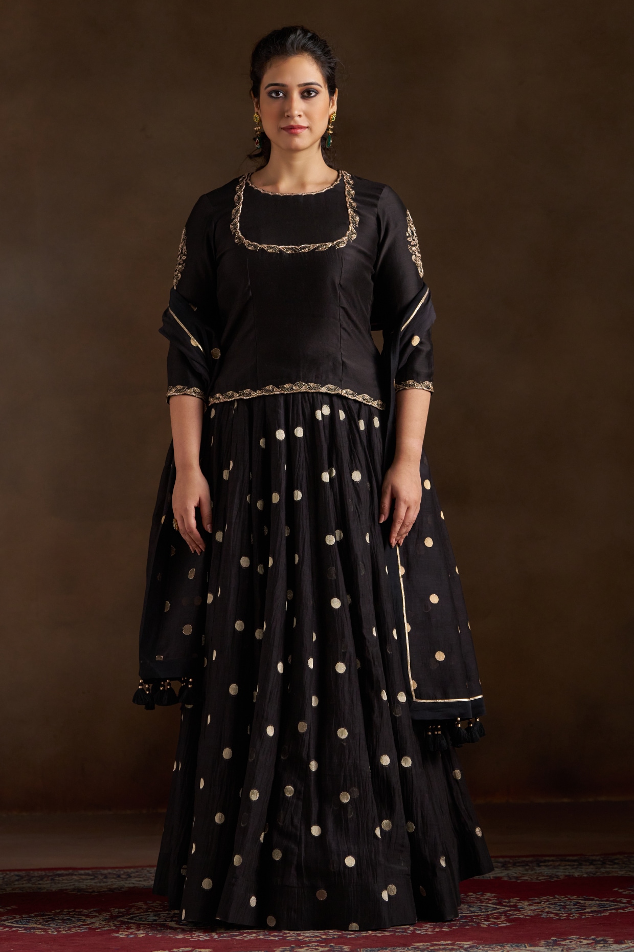 Almaari by Pooja Patel Black Pure Chanderi Sequins Embroidered Lehenga Set