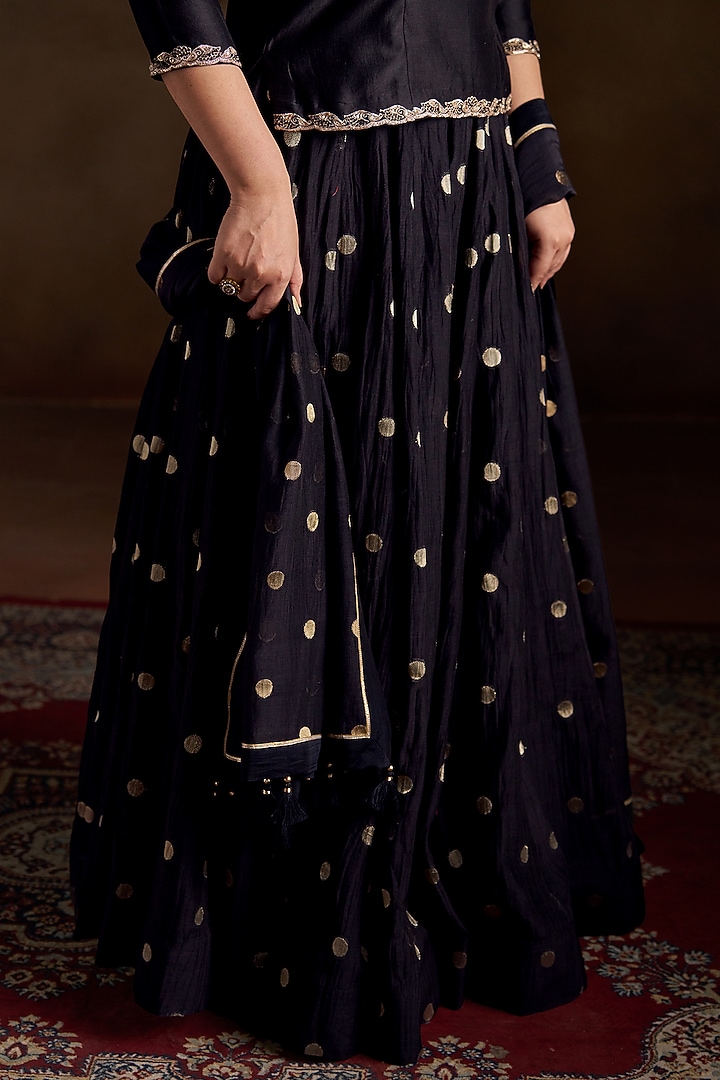 Black Pure Chanderi Sequins Embroidered Lehenga Set by Almaari by Pooja Patel at Pernia's Pop Up Shop