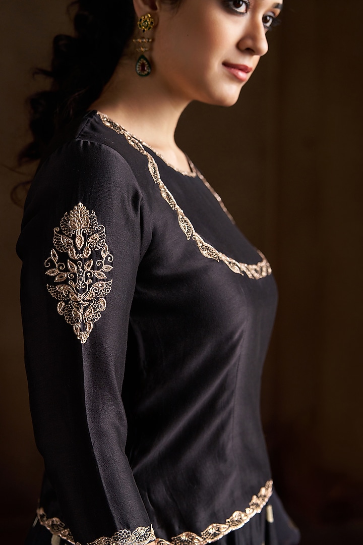 Black Pure Chanderi Sequins Embroidered Lehenga Set by Almaari by Pooja Patel at Pernia's Pop Up Shop