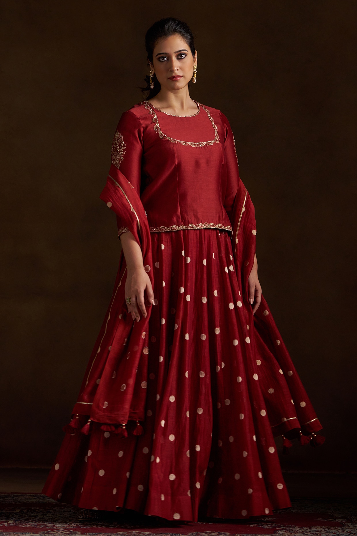 Almaari by Pooja Patel Rust Pure Chanderi Sequins Embroidered Lehenga Set
