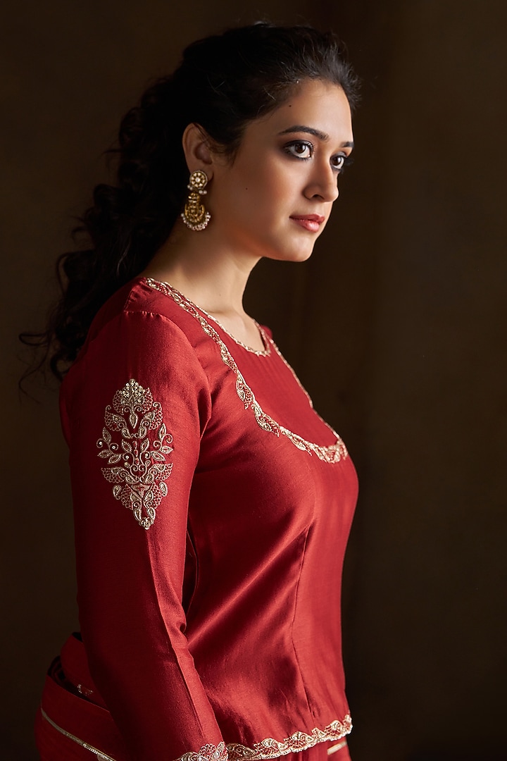 Rust Pure Chanderi Sequins Embroidered Lehenga Set by Almaari by Pooja Patel at Pernia's Pop Up Shop