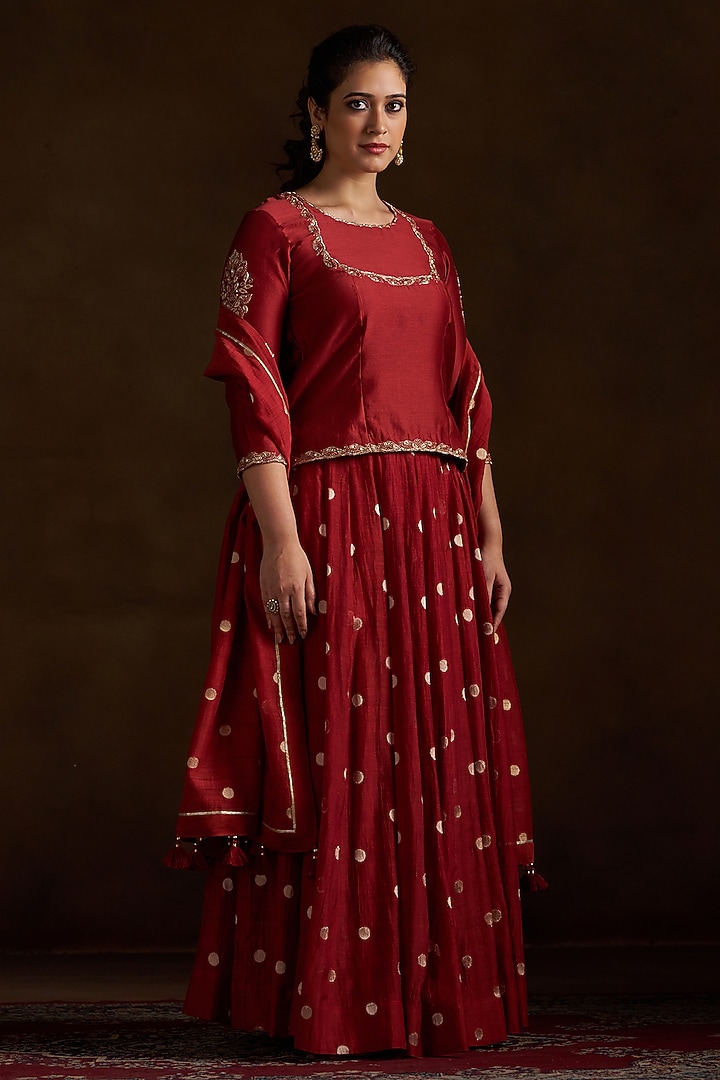 Rust Pure Chanderi Sequins Embroidered Lehenga Set by Almaari by Pooja Patel at Pernia's Pop Up Shop