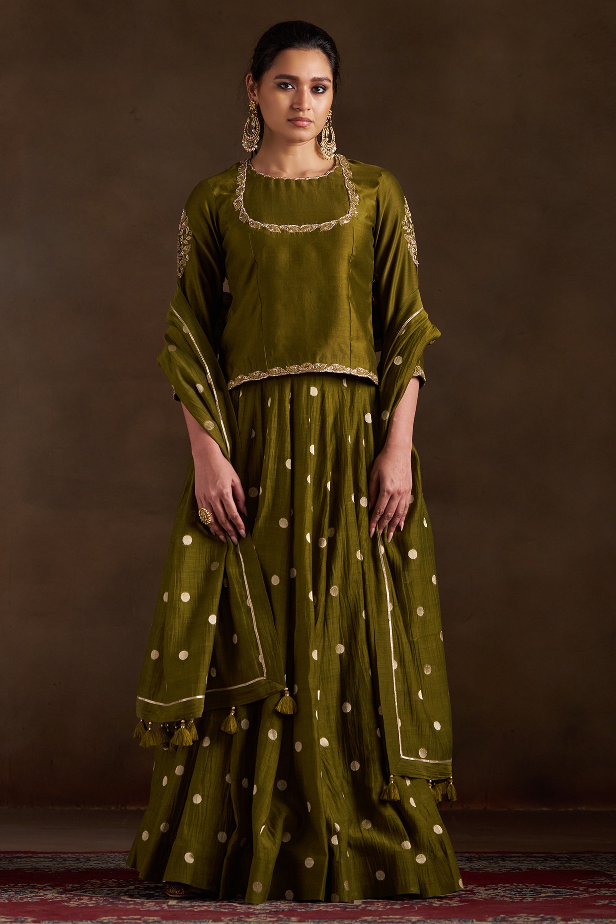 Almaari by Pooja Patel Mehendi Green Pure Chanderi Sequins Embroidered Lehenga Set