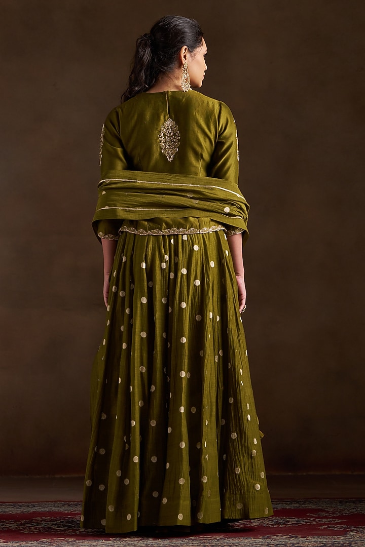 Mehendi Green Pure Chanderi Sequins Embroidered Lehenga Set by Almaari by Pooja Patel at Pernia's Pop Up Shop