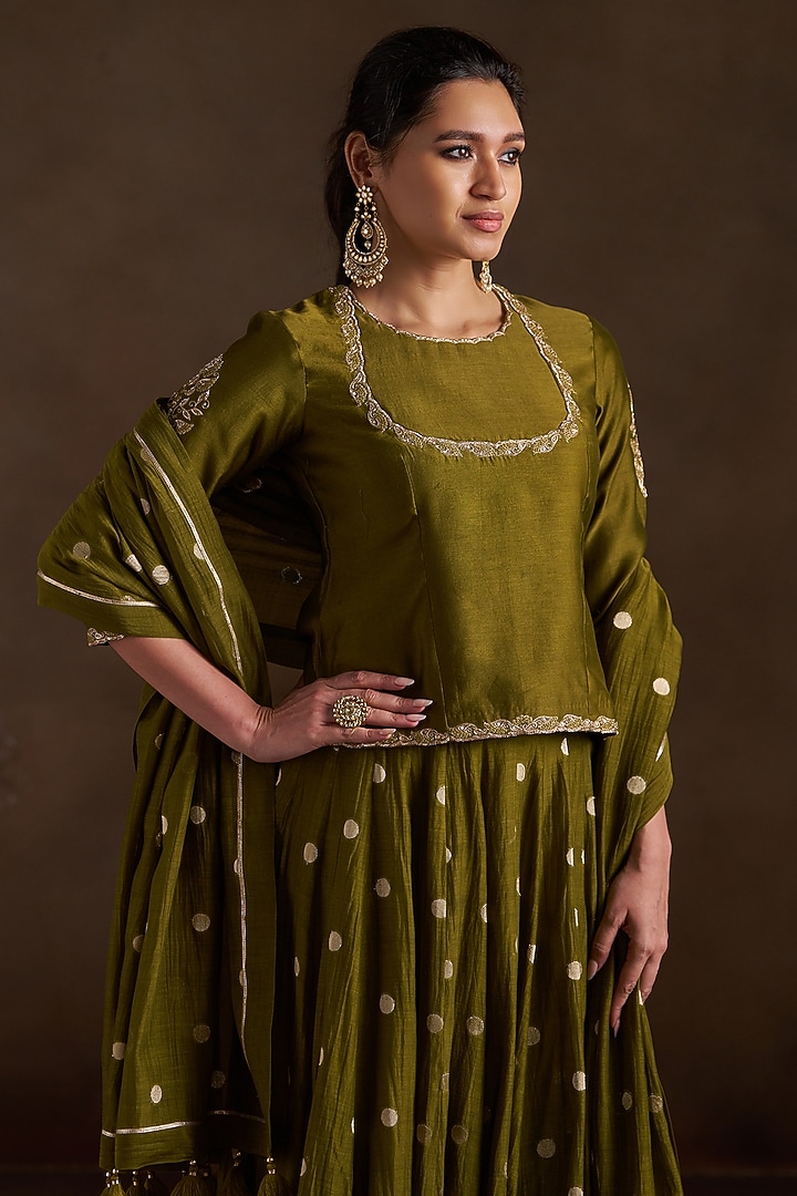 Mehendi Green Pure Chanderi Sequins Embroidered Lehenga Set by Almaari by Pooja Patel at Pernia's Pop Up Shop