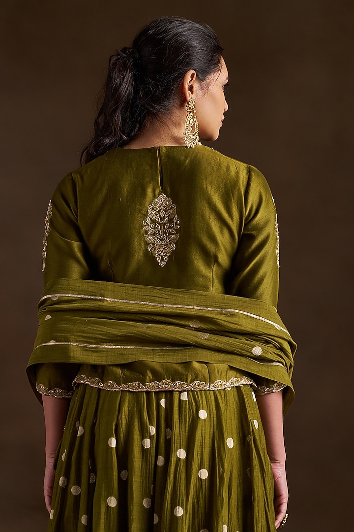Mehendi Green Pure Chanderi Sequins Embroidered Lehenga Set by Almaari by Pooja Patel at Pernia's Pop Up Shop