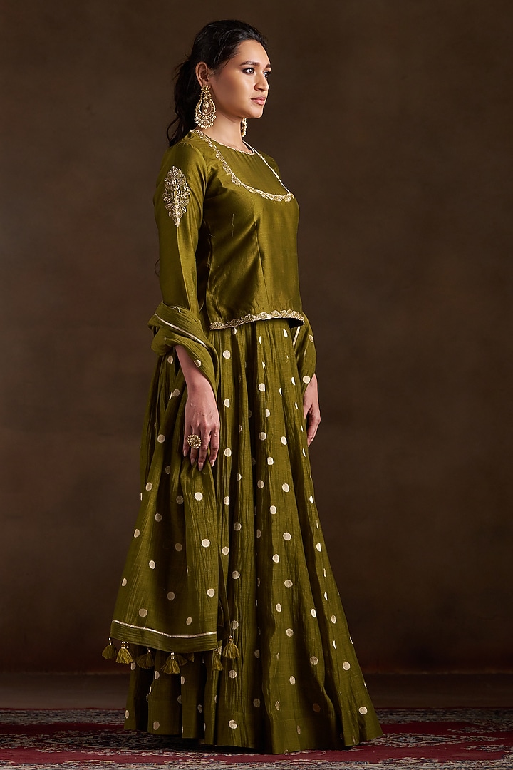 Mehendi Green Pure Chanderi Sequins Embroidered Lehenga Set by Almaari by Pooja Patel at Pernia's Pop Up Shop