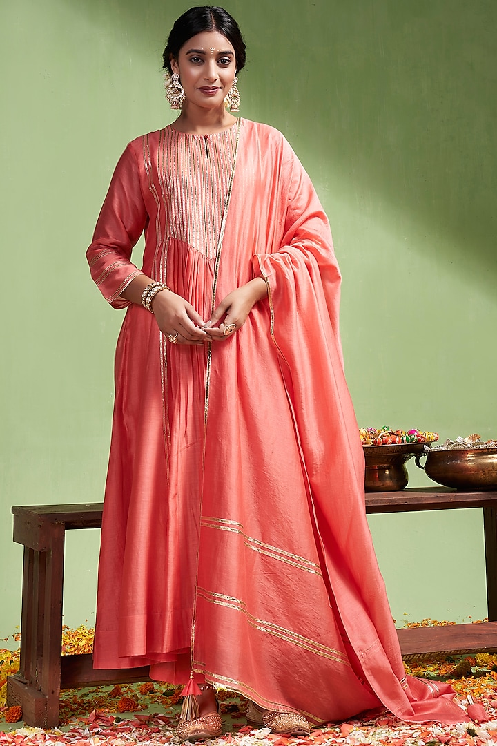 Blush Pink Chanderi Silk Gota Work Anarkali Set by Almaari by Pooja Patel at Pernia's Pop Up Shop