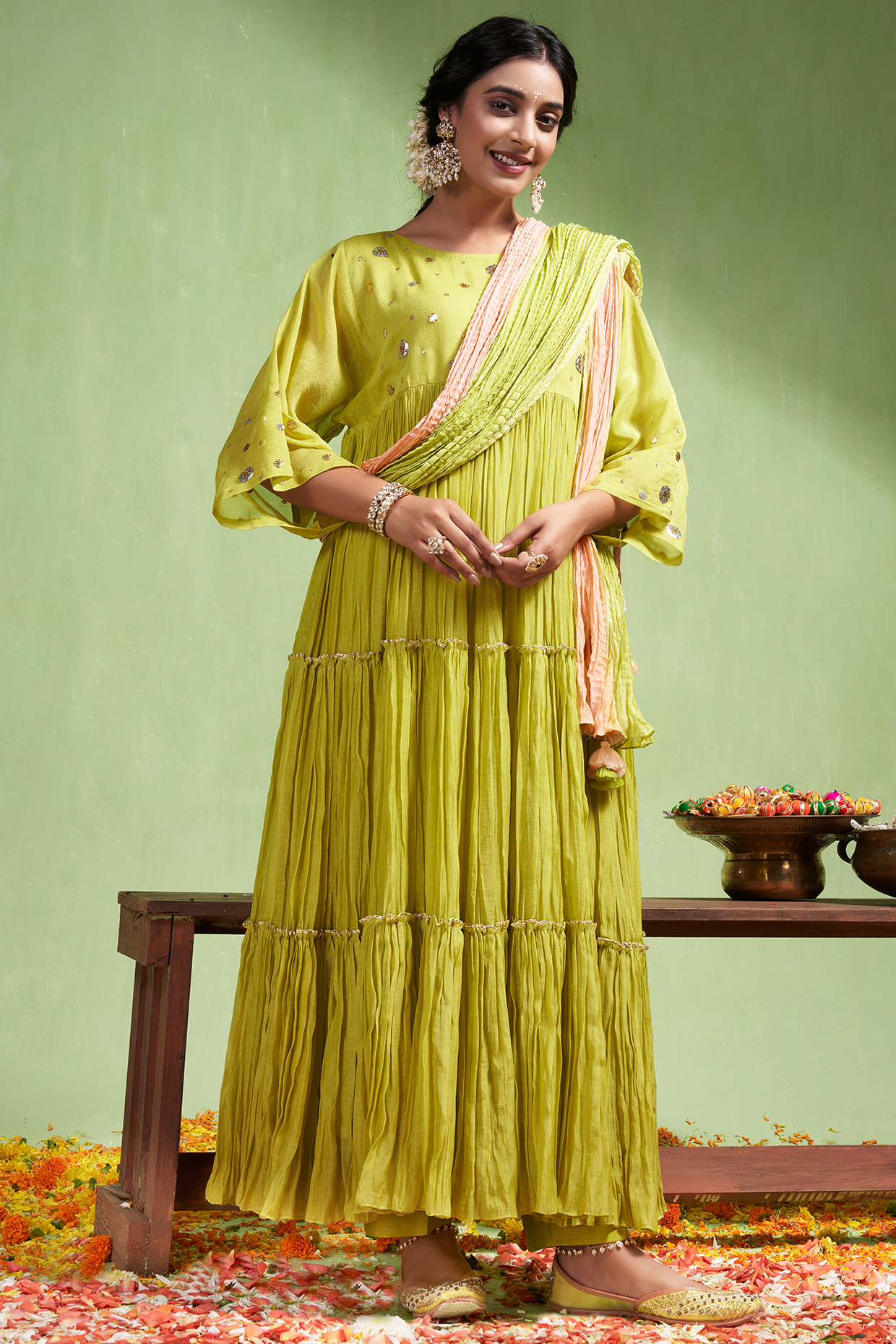 Lime Green Soft Chanderi Gota Work Tiered Party Wear Anarkali Set by Almaari by Pooja Patel at Pernia's Pop Up Shop