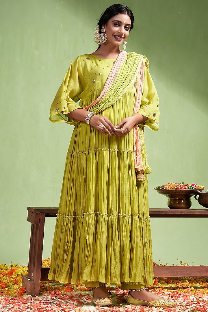 Lime Green Soft Chanderi Gota Work Tiered Party Wear Anarkali Set by Almaari by Pooja Patel at Pernia's Pop Up Shop