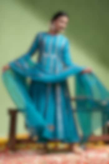 Teal Blue Chanderi Silk Gota Work Anarkali Set by Almaari by Pooja Patel