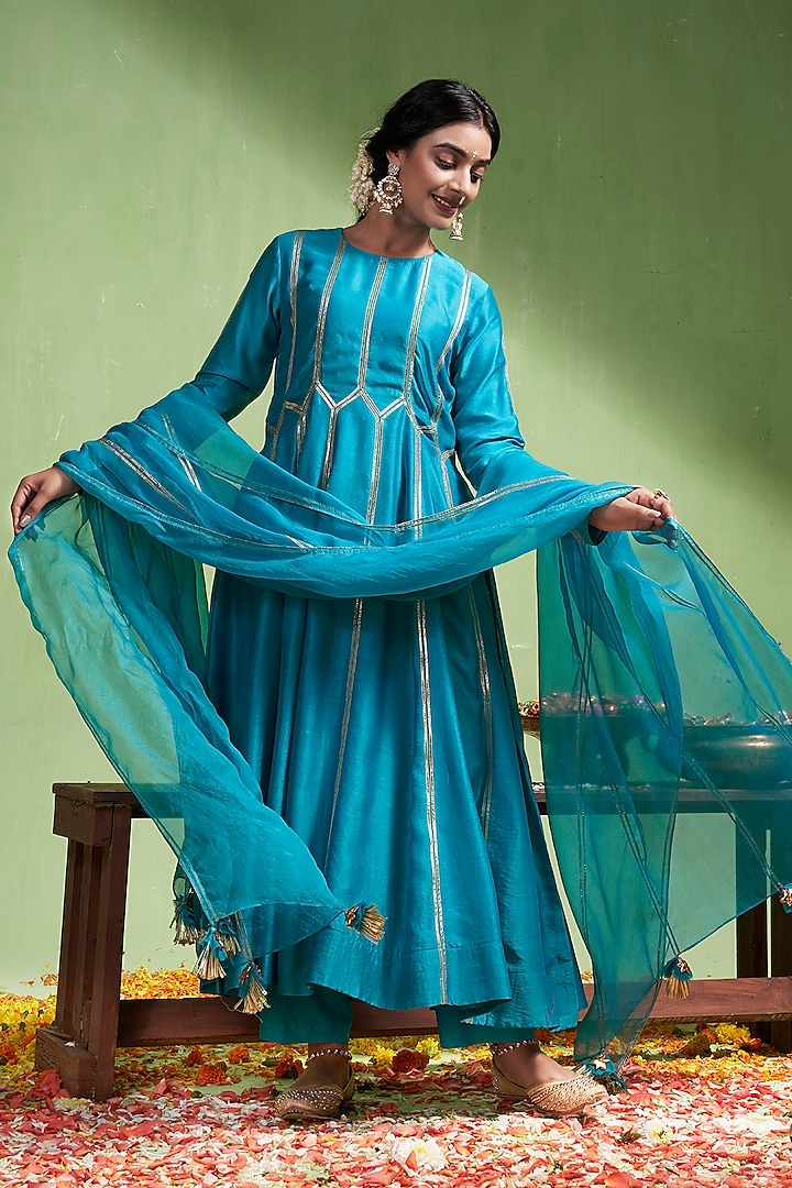 Teal Blue Chanderi Silk Gota Work Anarkali Set by Almaari by Pooja Patel