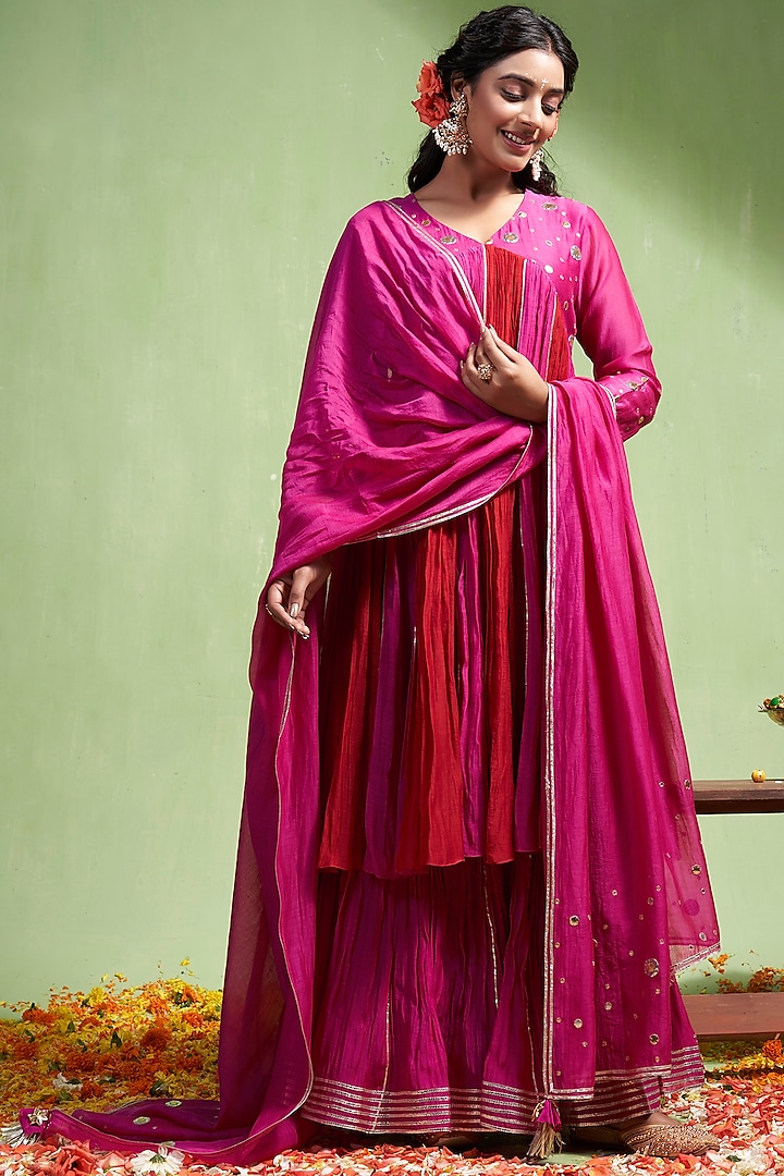 Pink & Red Soft Chanderi Gota Work Kurta Set by Almaari by Pooja Patel at Pernia's Pop Up Shop