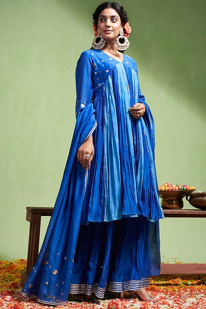 Blue Soft Chanderi Gota Work Kurta Set by Almaari by Pooja Patel at Pernia's Pop Up Shop