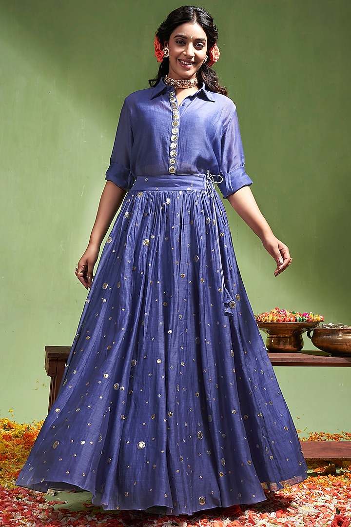 Blue Soft Chanderi Gota Embellished Skirt Set by Almaari by Pooja Patel at Pernia's Pop Up Shop