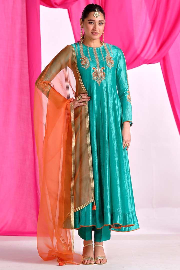 Green Silk Gota Embroidered Party Wear Anarkali Set by Almaari by Pooja Patel at Pernia's Pop Up Shop