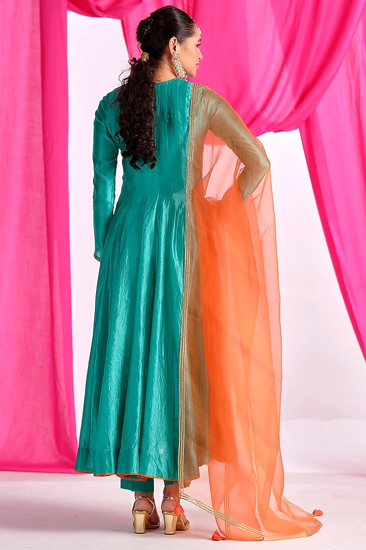 Green Silk Gota Embroidered Party Wear Anarkali Set by Almaari by Pooja Patel at Pernia's Pop Up Shop