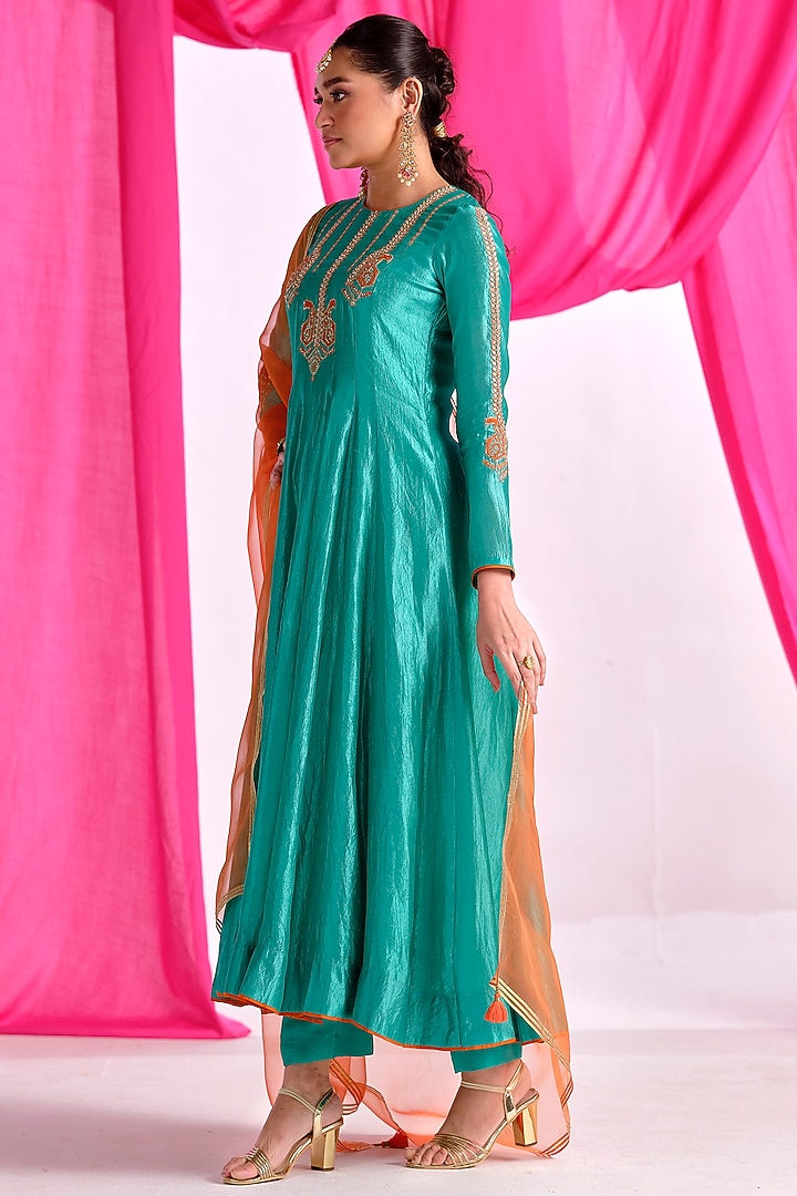 Green Silk Gota Embroidered Party Wear Anarkali Set by Almaari by Pooja Patel at Pernia's Pop Up Shop