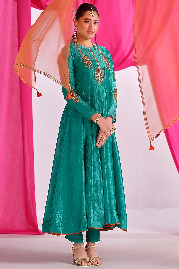 Green Silk Gota Embroidered Party Wear Anarkali Set by Almaari by Pooja Patel at Pernia's Pop Up Shop
