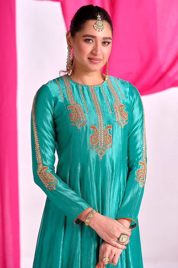 Green Silk Gota Embroidered Party Wear Anarkali Set by Almaari by Pooja Patel at Pernia's Pop Up Shop