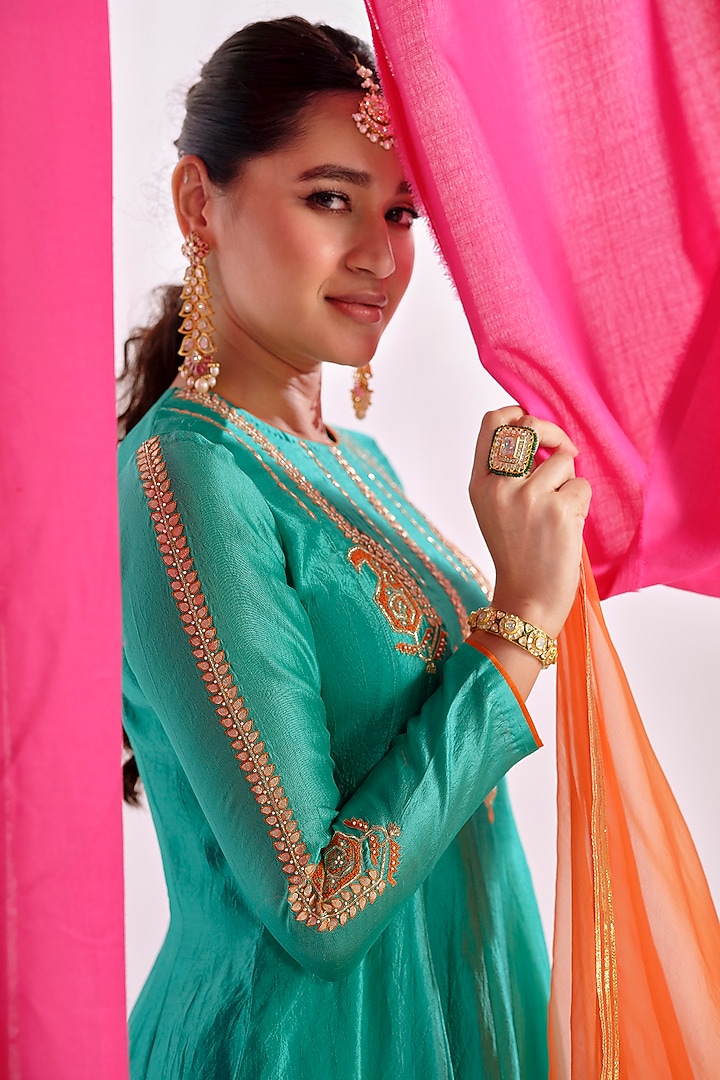 Green Silk Gota Embroidered Party Wear Anarkali Set by Almaari by Pooja Patel at Pernia's Pop Up Shop