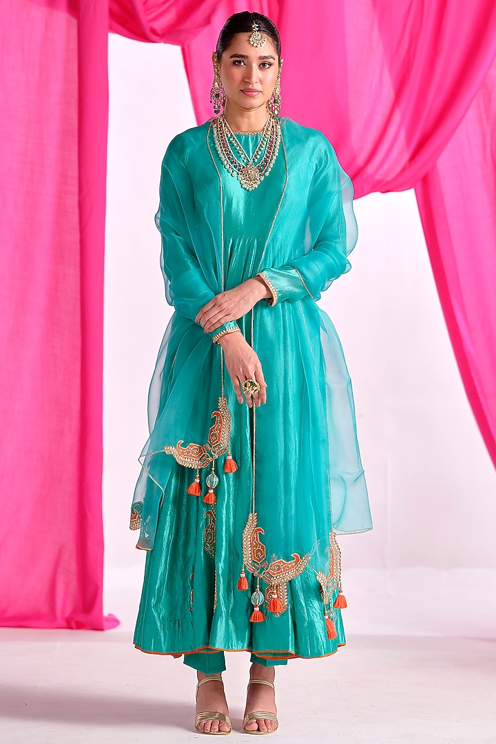 Green Silk Gota Embroidered Wedding Anarkali Set by Almaari by Pooja Patel at Pernia's Pop Up Shop