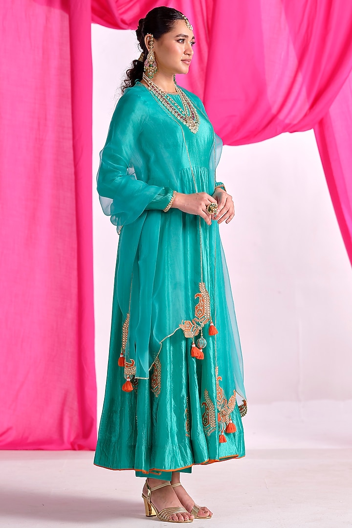 Green Silk Gota Embroidered Wedding Anarkali Set by Almaari by Pooja Patel at Pernia's Pop Up Shop
