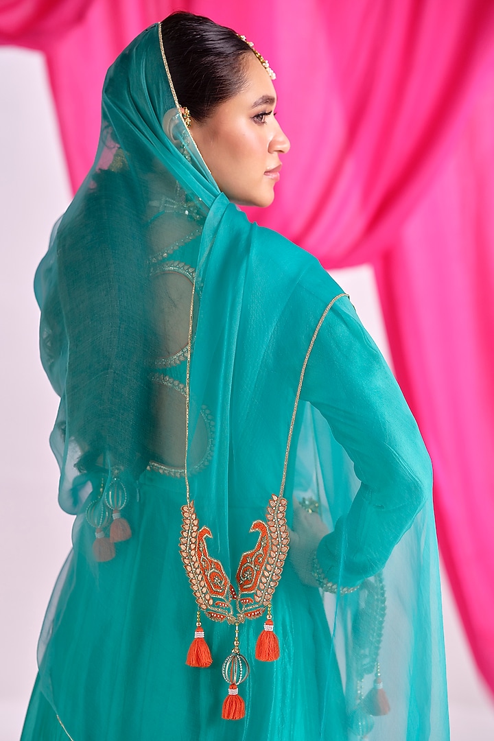 Green Silk Gota Embroidered Wedding Anarkali Set by Almaari by Pooja Patel at Pernia's Pop Up Shop