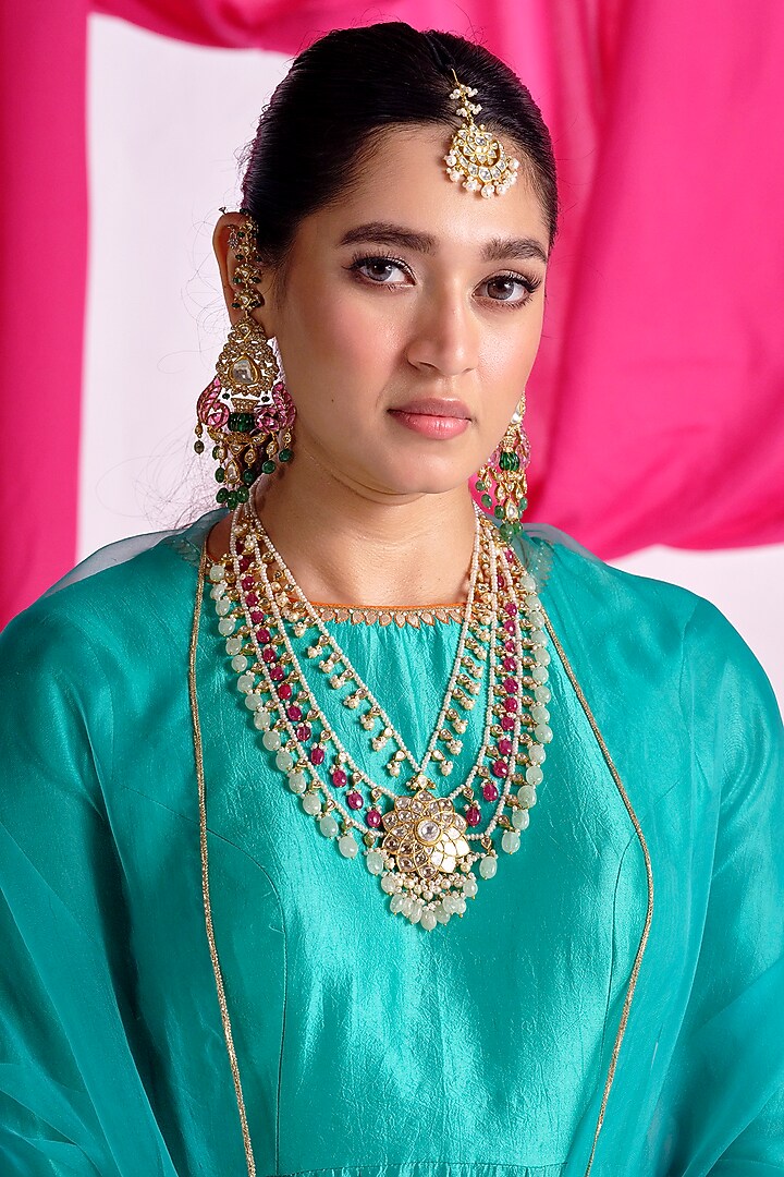 Green Silk Gota Embroidered Wedding Anarkali Set by Almaari by Pooja Patel at Pernia's Pop Up Shop