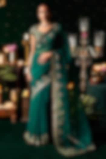Emerald Green Organza Mirror Embroidered Reception Saree Set by Almaari by Pooja Patel at Pernia's Pop Up Shop