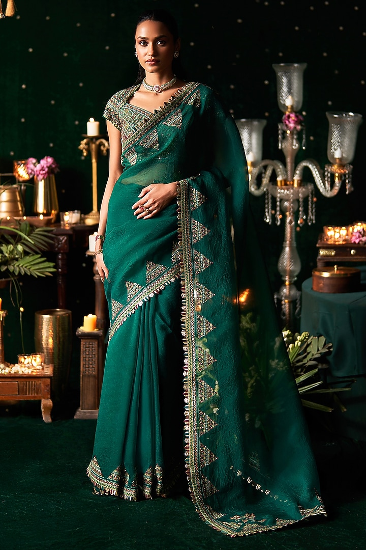 Emerald Green Organza Mirror Embroidered Reception Saree Set by Almaari by Pooja Patel at Pernia's Pop Up Shop