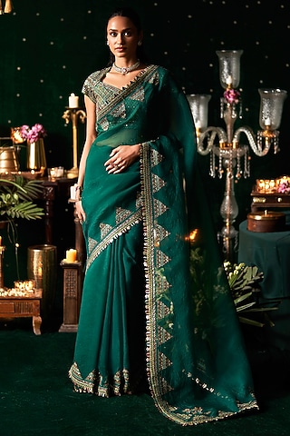 Emerald Green Organza Mirror Embroidered Saree Set by Almaari by Pooja Patel