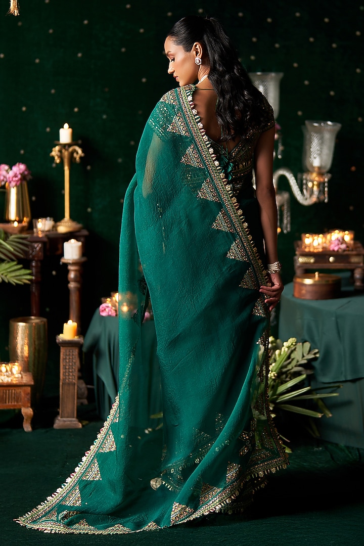Emerald Green Organza Mirror Embroidered Reception Saree Set by Almaari by Pooja Patel at Pernia's Pop Up Shop