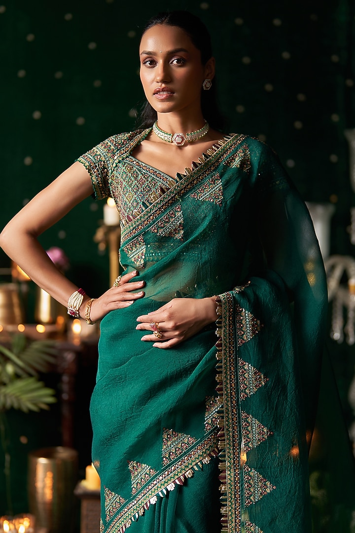 Emerald Green Organza Mirror Embroidered Reception Saree Set by Almaari by Pooja Patel at Pernia's Pop Up Shop