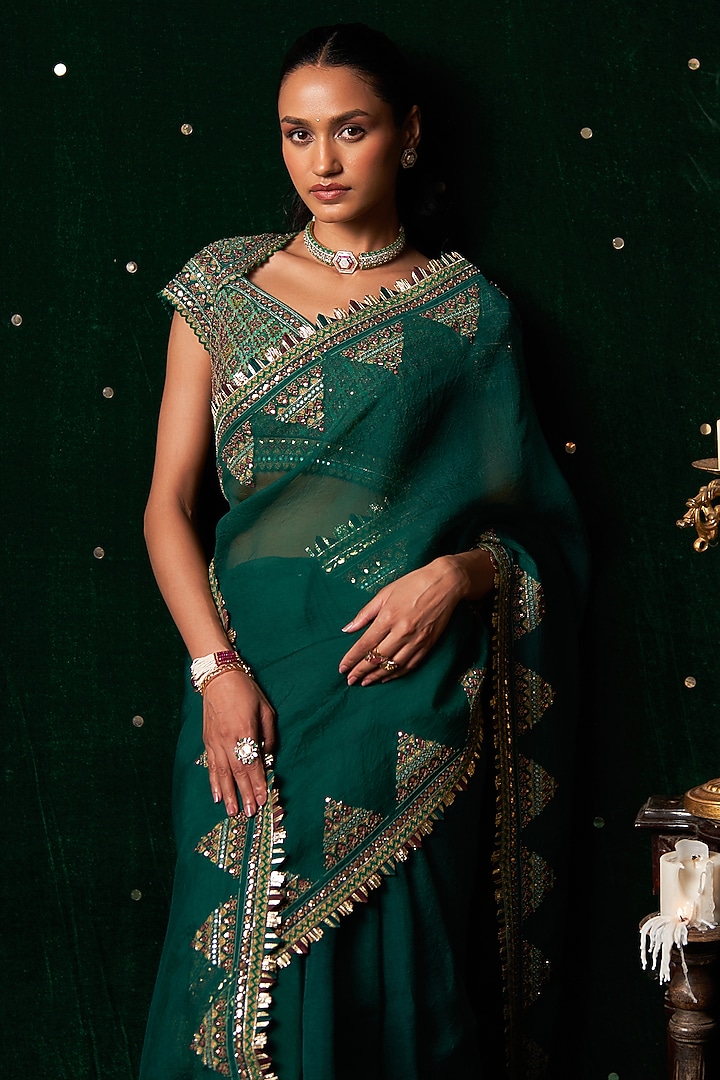 Emerald Green Organza Mirror Embroidered Reception Saree Set by Almaari by Pooja Patel at Pernia's Pop Up Shop
