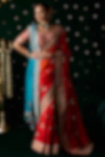 Red Organza Mirror Embroidered Bridal Saree Set by Almaari by Pooja Patel at Pernia's Pop Up Shop