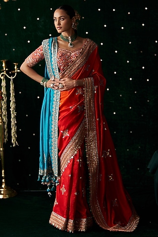 Red Organza Mirror Embroidered Saree Set by Almaari by Pooja Patel