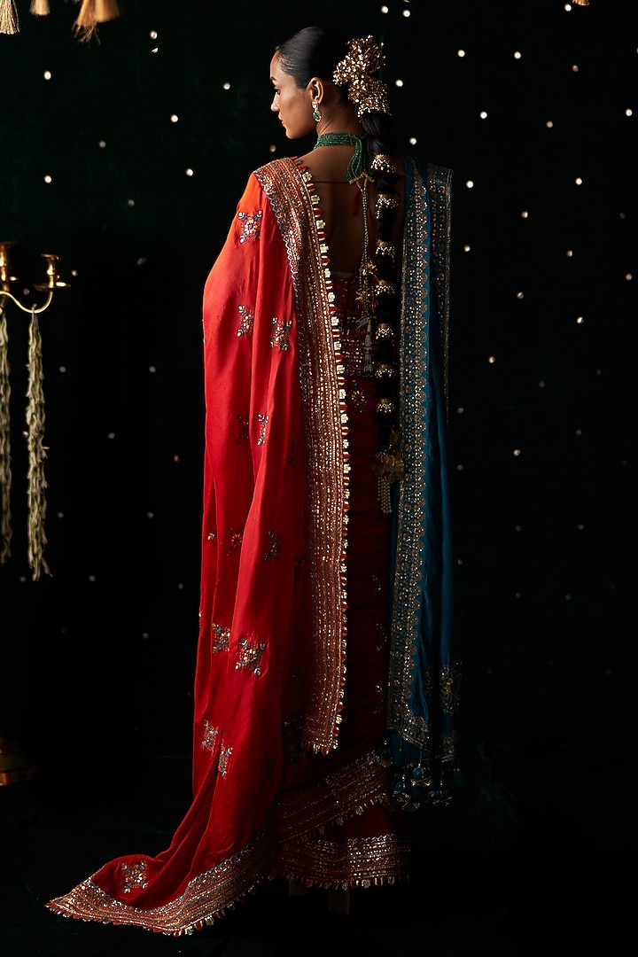 Red Organza Mirror Embroidered Bridal Saree Set by Almaari by Pooja Patel at Pernia's Pop Up Shop