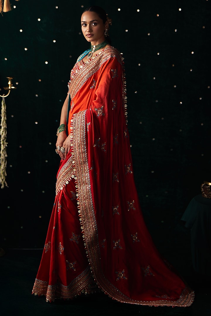 Red Organza Mirror Embroidered Bridal Saree Set by Almaari by Pooja Patel at Pernia's Pop Up Shop