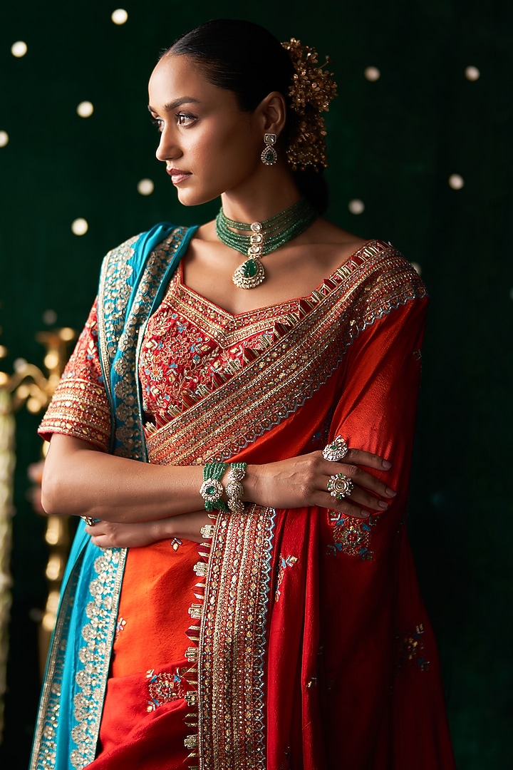 Red Organza Mirror Embroidered Bridal Saree Set by Almaari by Pooja Patel at Pernia's Pop Up Shop