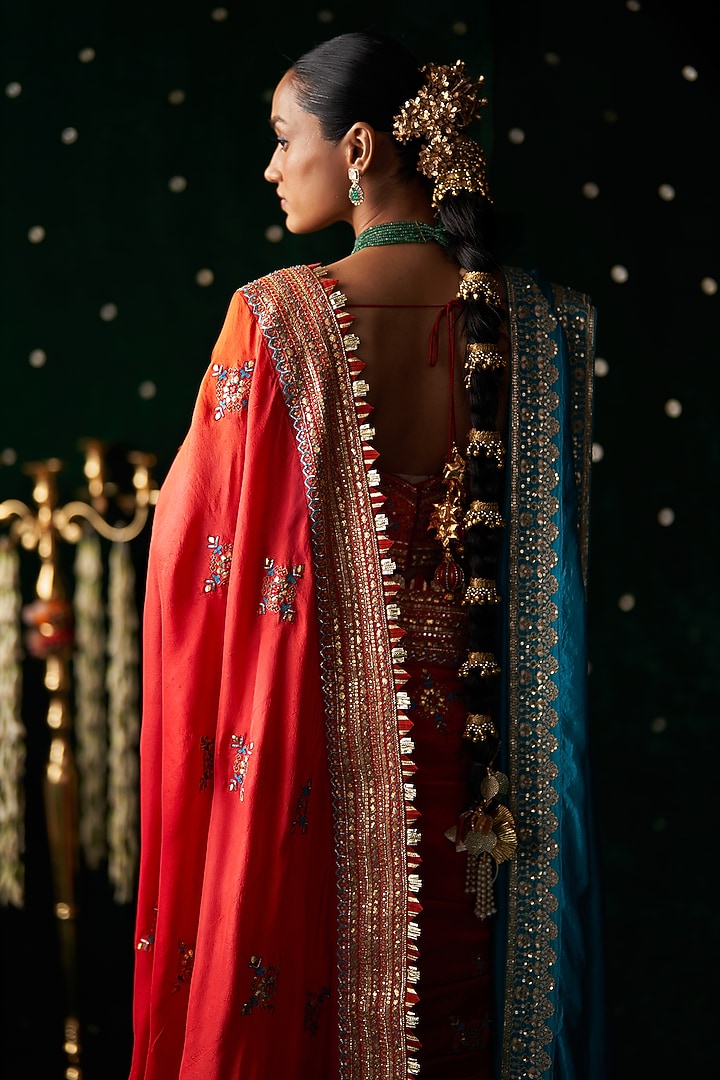 Red Organza Mirror Embroidered Bridal Saree Set by Almaari by Pooja Patel at Pernia's Pop Up Shop