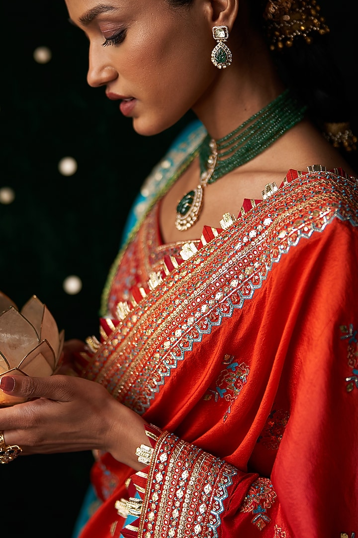 Red Organza Mirror Embroidered Bridal Saree Set by Almaari by Pooja Patel at Pernia's Pop Up Shop