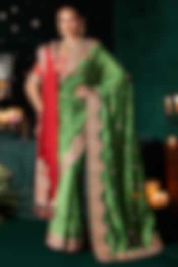 Green Organza Mirror Embroidered Reception Saree Set by Almaari by Pooja Patel at Pernia's Pop Up Shop