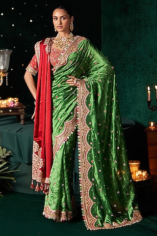 Green Organza Mirror Embroidered Saree Set by Almaari by Pooja Patel
