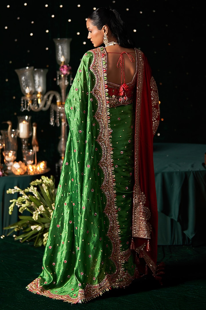Green Organza Mirror Embroidered Reception Saree Set by Almaari by Pooja Patel at Pernia's Pop Up Shop