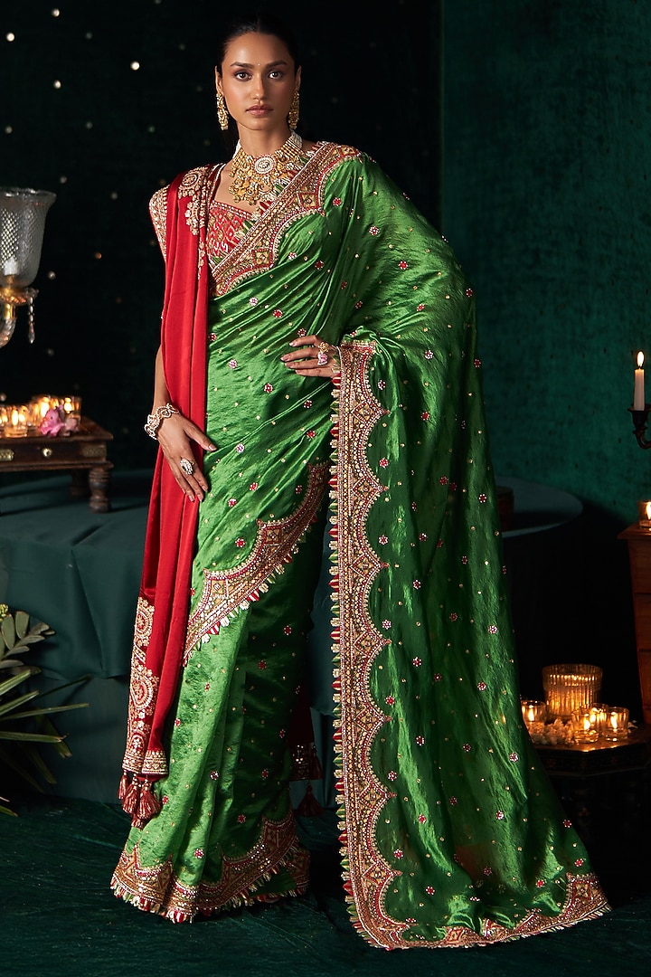 Green Organza Mirror Embroidered Reception Saree Set by Almaari by Pooja Patel at Pernia's Pop Up Shop