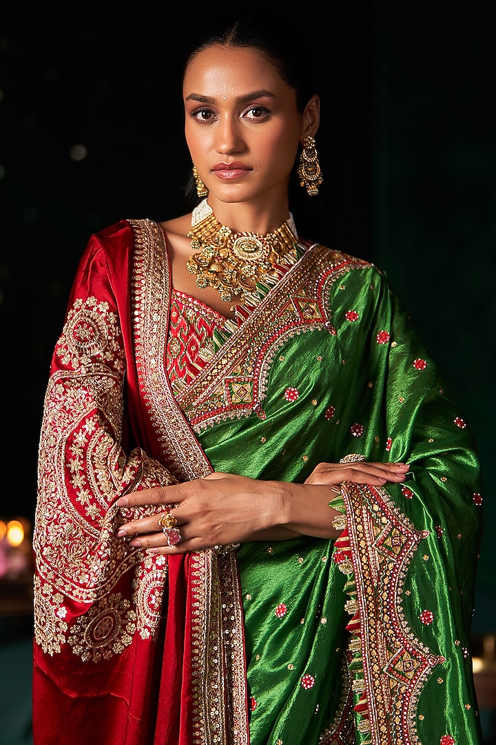 Green Organza Mirror Embroidered Reception Saree Set by Almaari by Pooja Patel at Pernia's Pop Up Shop